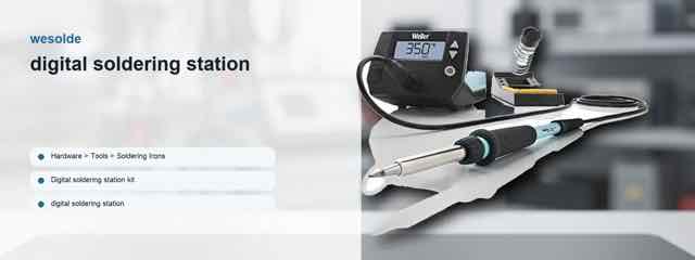 Weller digital soldering station kit with digital control unit, soldering iron, stand and power cable displayed on a workbench-style background.